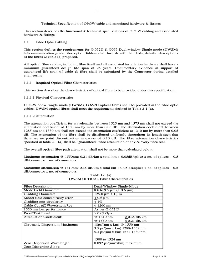 OPGW Cable Technical Specifications | PDF | Optical Fiber | Attenuation
