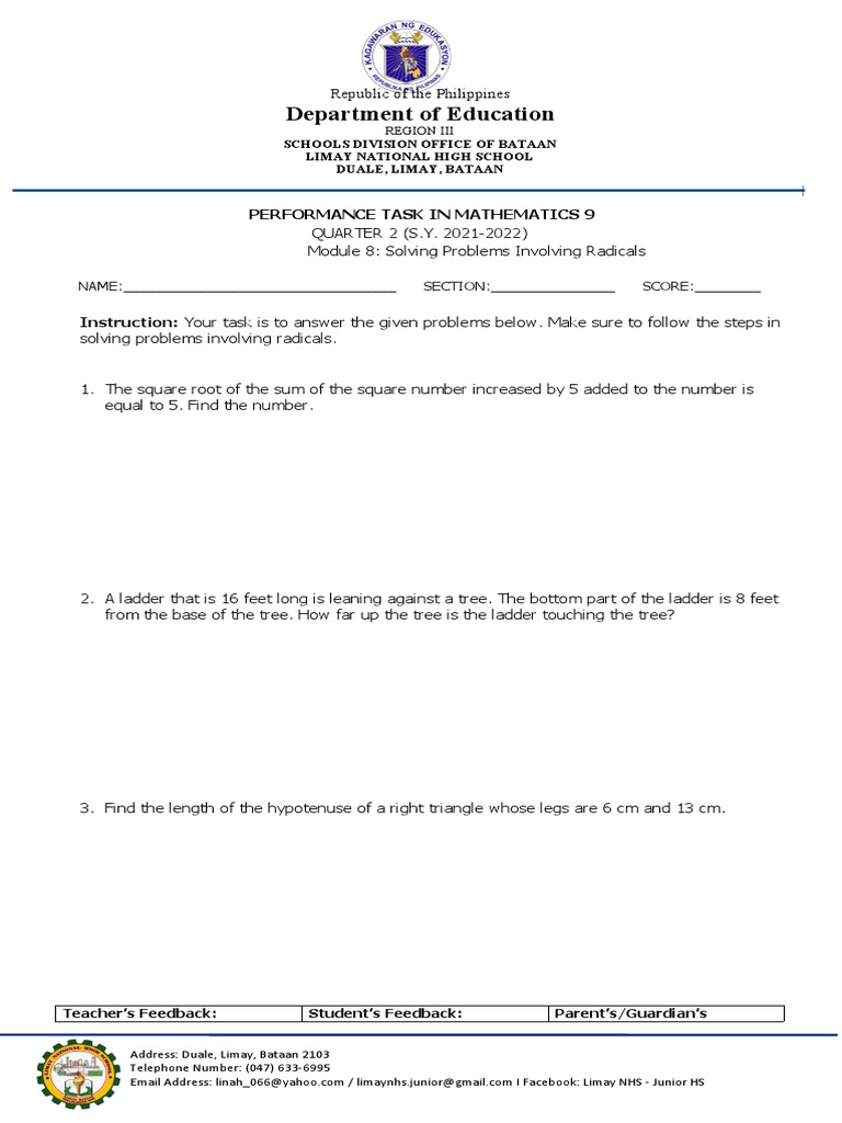 Department of Education: Performance Task in Mathematics 9 | PDF ...