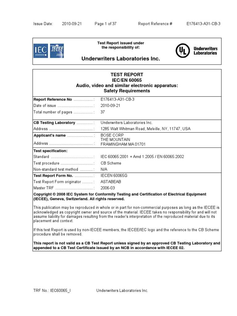 CB Test Report Bass Module 321GS Insulator Electricity Mains
