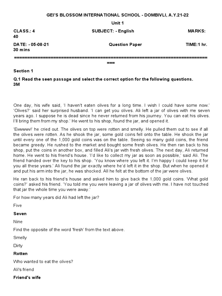 class 5 english unit 1 question answer
