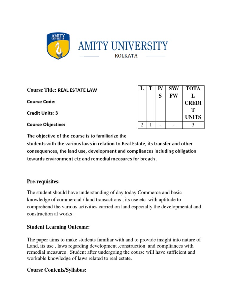 Course Title Real Estate Law Course Code Credit Units 3 Course