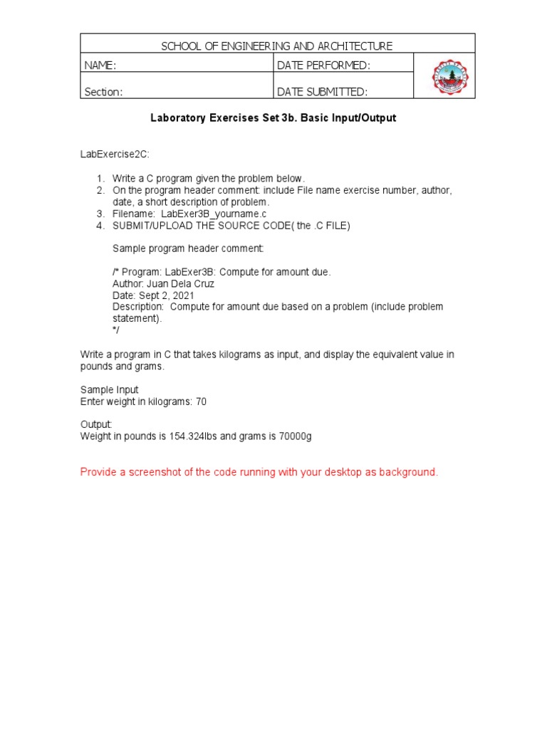 Laboratory Exercises Set 3b. Basic Input/Output | PDF