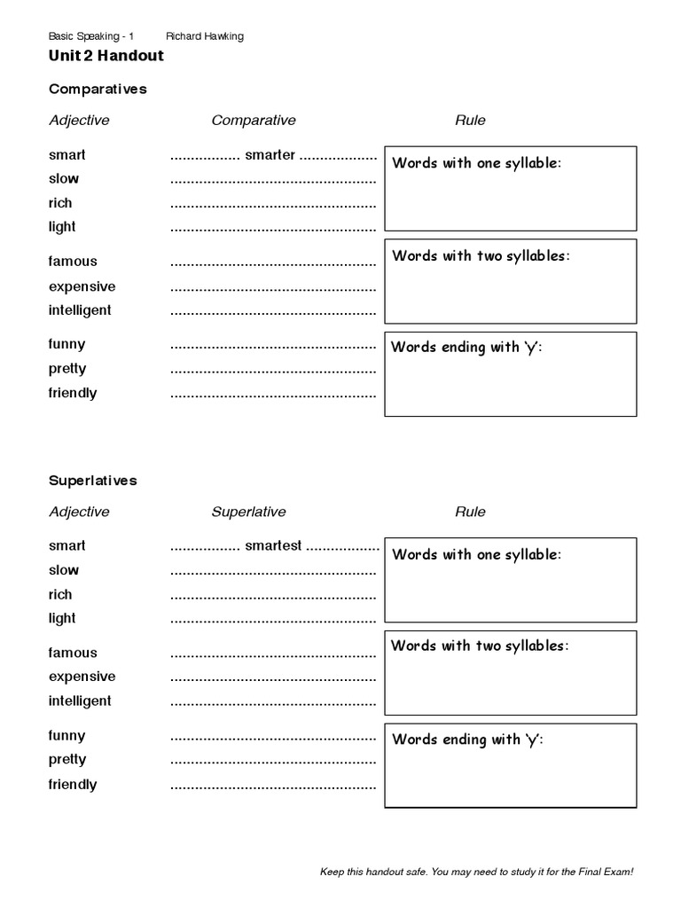 Comparison of Adjectives Handouts | PDF | Language Mechanics | Linguistics
