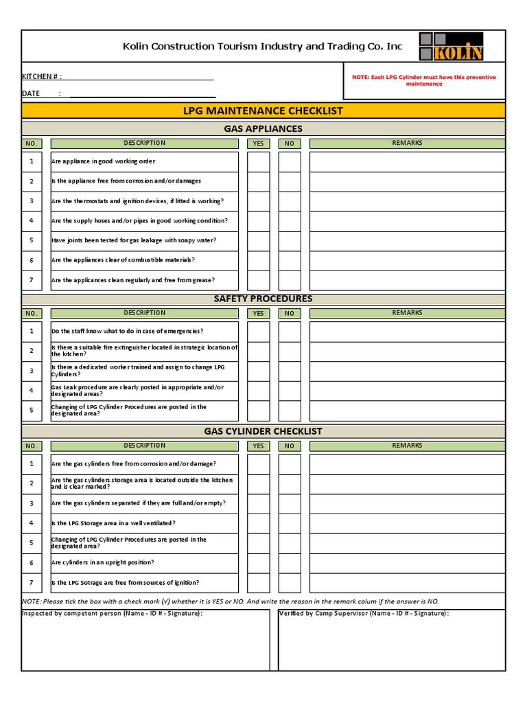 LPG Maintenance Checklist Gas Appliances PDF Liquefied Petroleum
