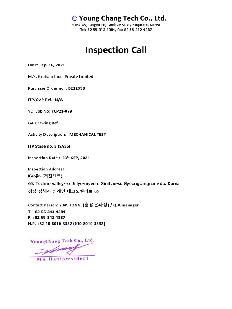 #1. Inspection Call - Stage 3 Mechanical Test - SA36 Po.B212358 | PDF