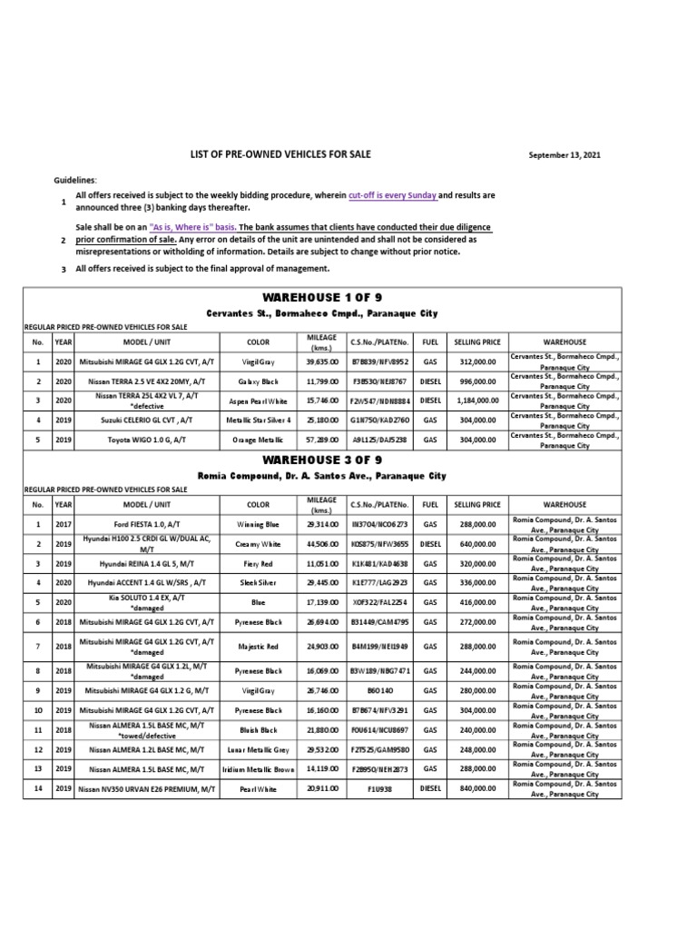 List of PreOwned Vehicles For Sale CutOff Is Every Sunday "As Is