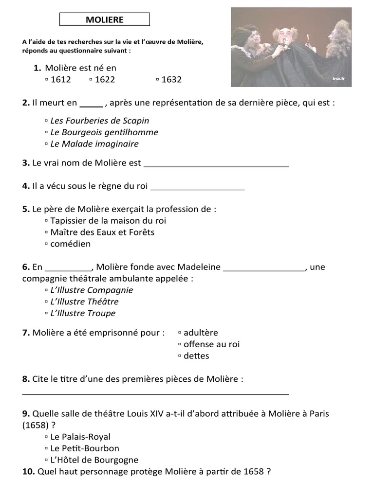 Quel Etait Le Metier Du Pere De Moliere Fiche Biographique Moliere PARTIE ELEVES | PDF | Molière