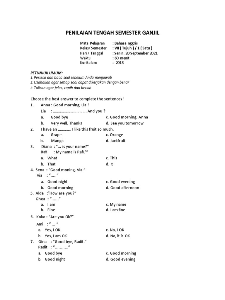 Soal Bahasa Inggris Kelas 7 Semester 1 | PDF | Decorative Arts | Room
