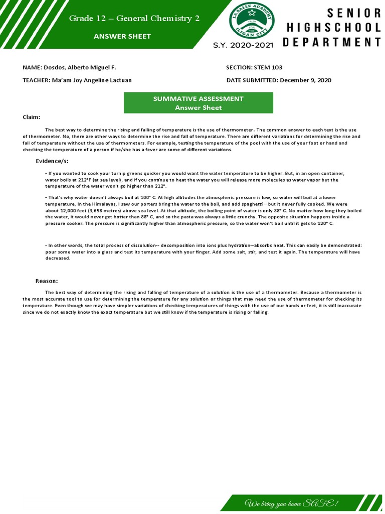 1st Quarter Summative Assessment Answer Sheet | PDF | Water | Temperature