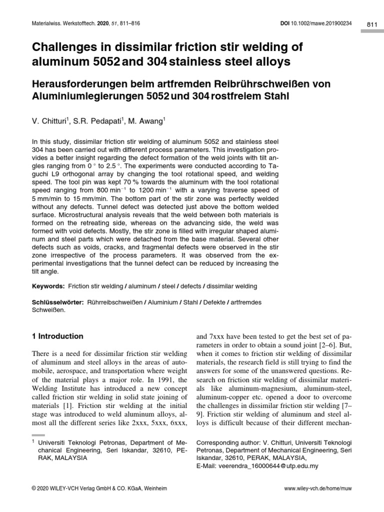Challenges in Dissimilar Friction Stir Welding of Aluminum 5052 and 304 ...