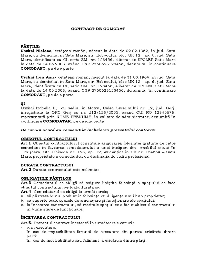 Model Contract de Comodat - Doc 1 | PDF