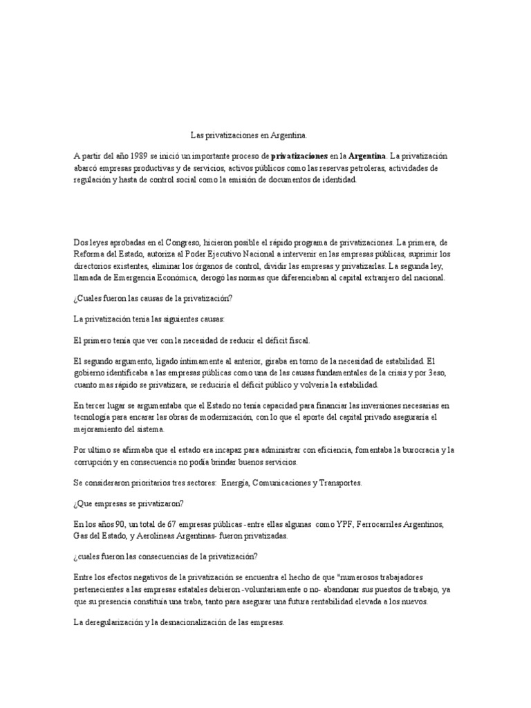 Las Privatizaciones en Argentina | PDF