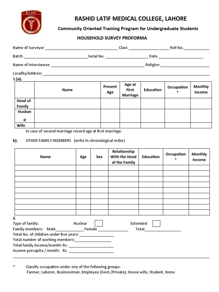 Household Survey Proforma Template | PDF | Toilet | Health Sciences