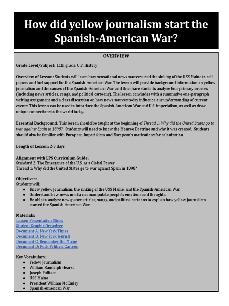 Lesson Procedures How Did Yellow Journalism Start The SpanishAmerican War Download Free PDF