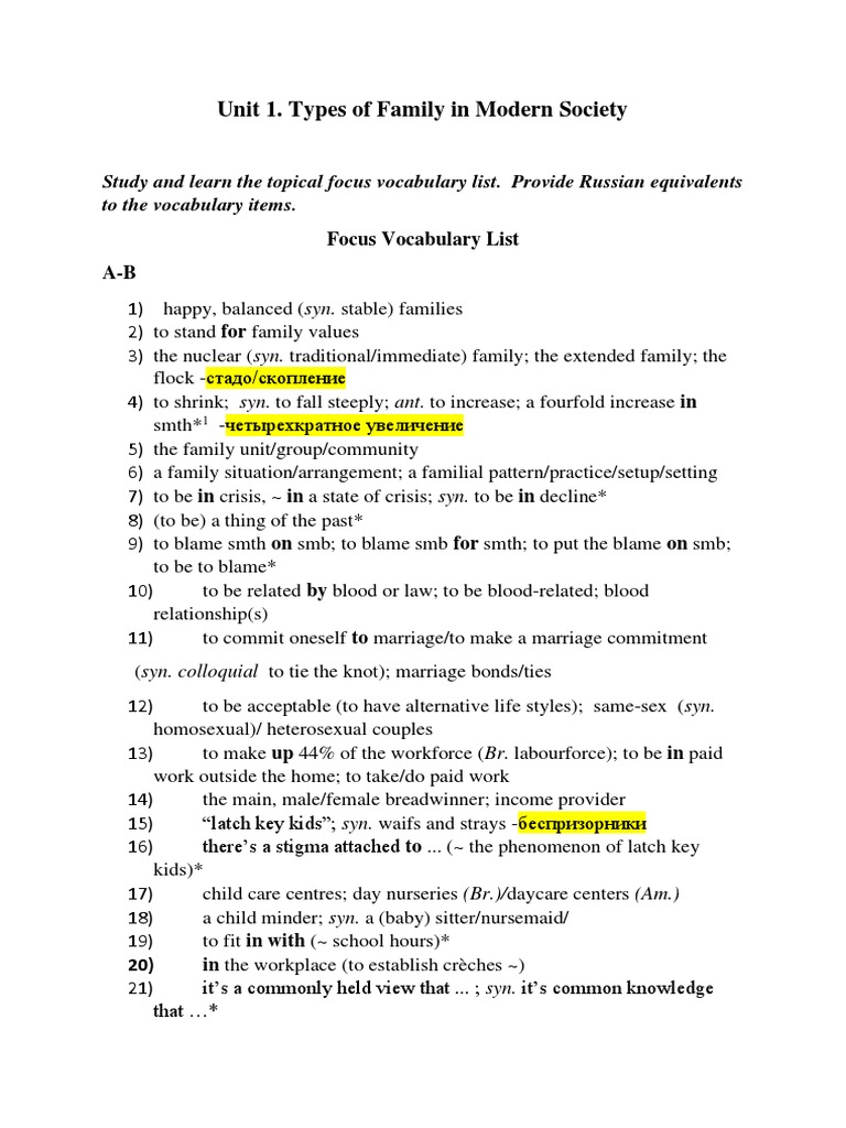 Unit 1. Types of Family in Modern Society | PDF | Child Care ...