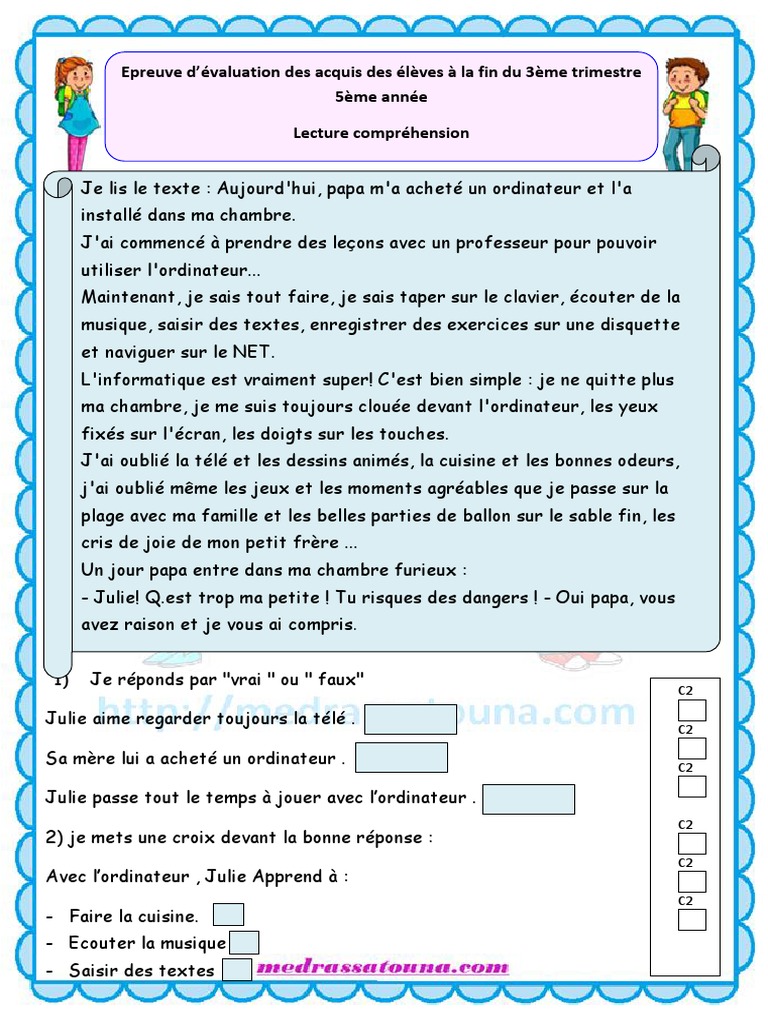 évaluation Français 5ème à Imprimer Epreuve Lecture 5ème Medrassatouna | PDF