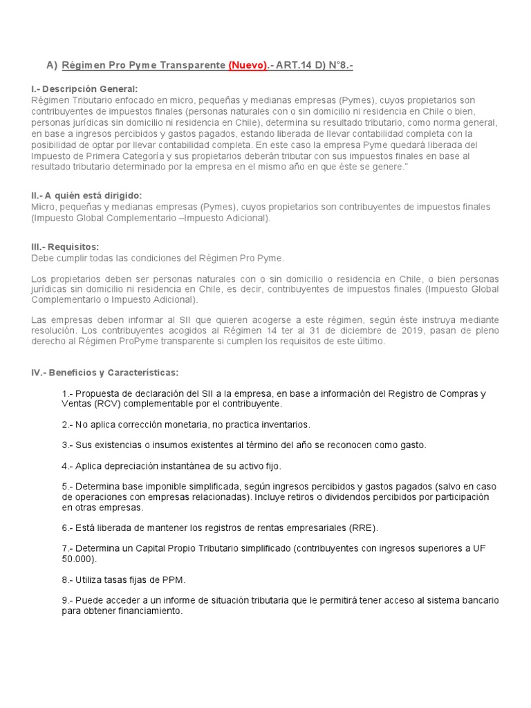 Régimen Pro Pyme Transparente Art.14 D) N°8. | PDF | Impuestos ...