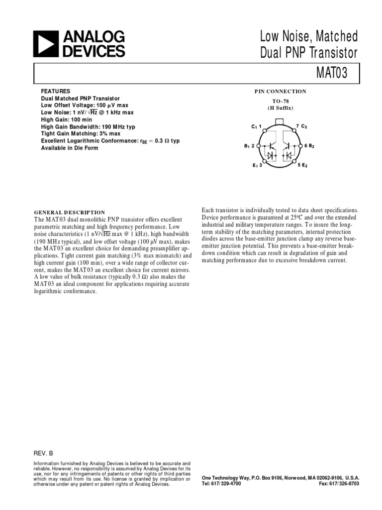 Etm 001 Matched Monolithic Dual Transistor MAT01 Data Sheet Et 200 M ...