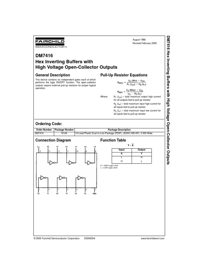 DM7416 Hex Inverting Buffers With High Voltage Open-Collector Outputs ...