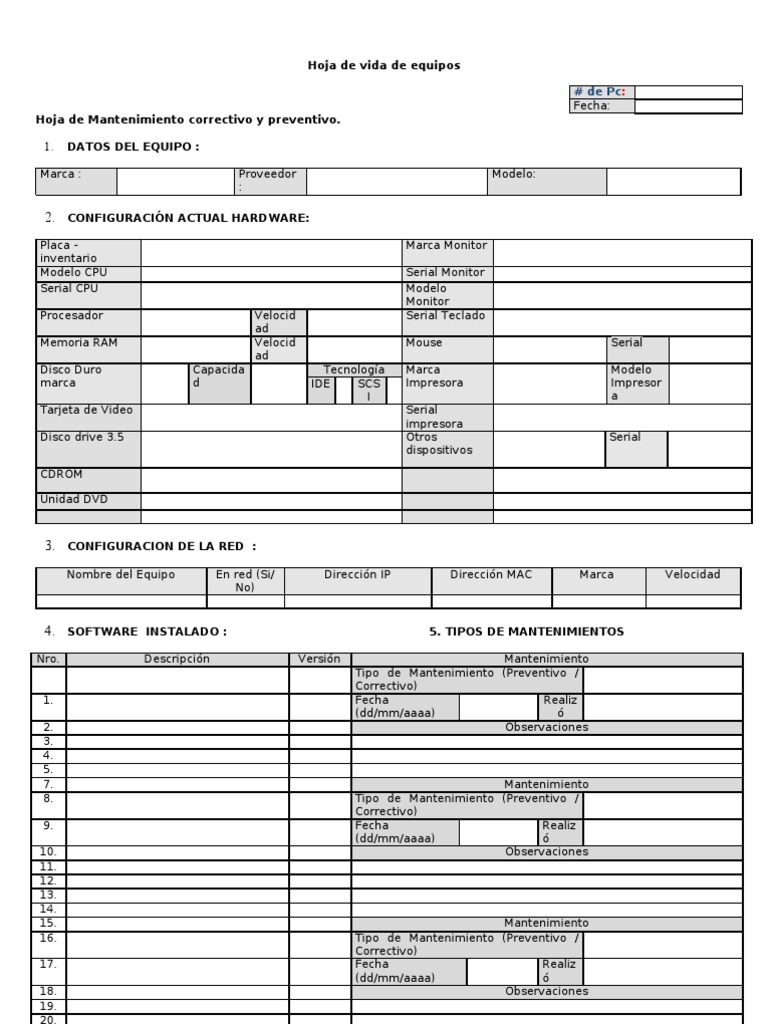 Hoja de Mantenimiento de Equipos PC | PDF | Hardware de la computadora ...