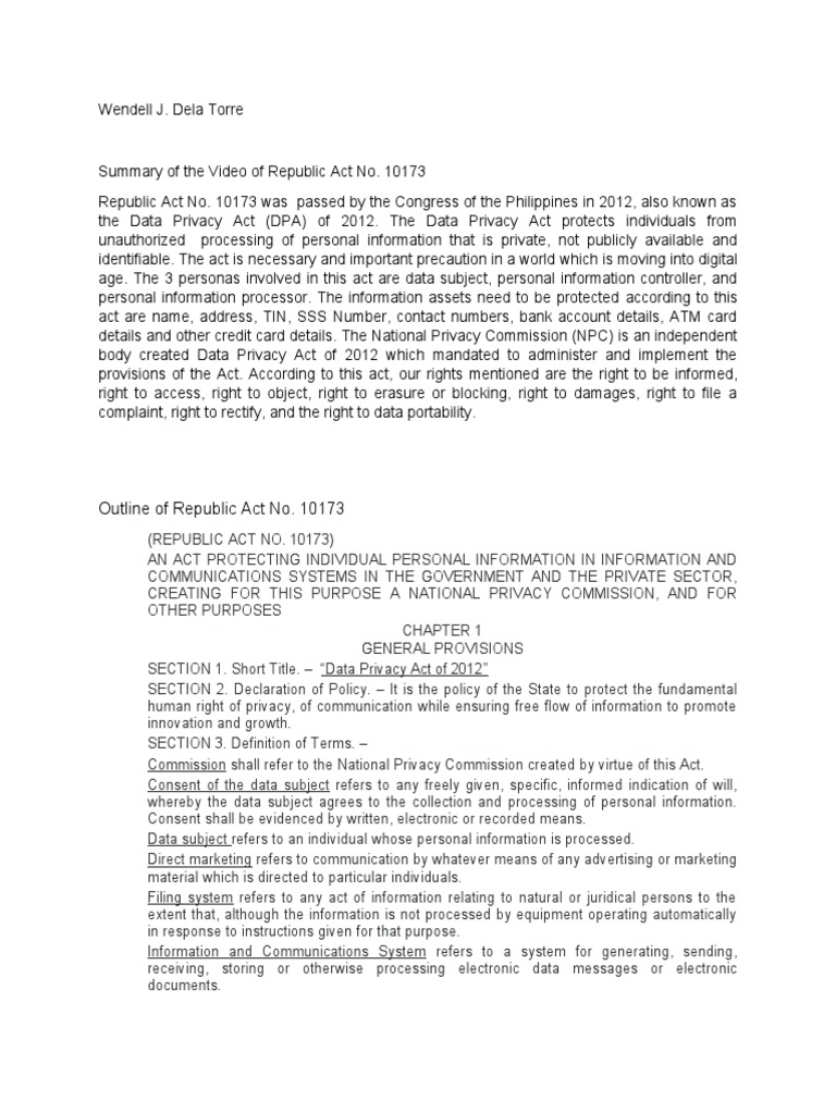 Summary of RA 10173: Data Privacy Act | PDF | Crimes | Crime & Violence