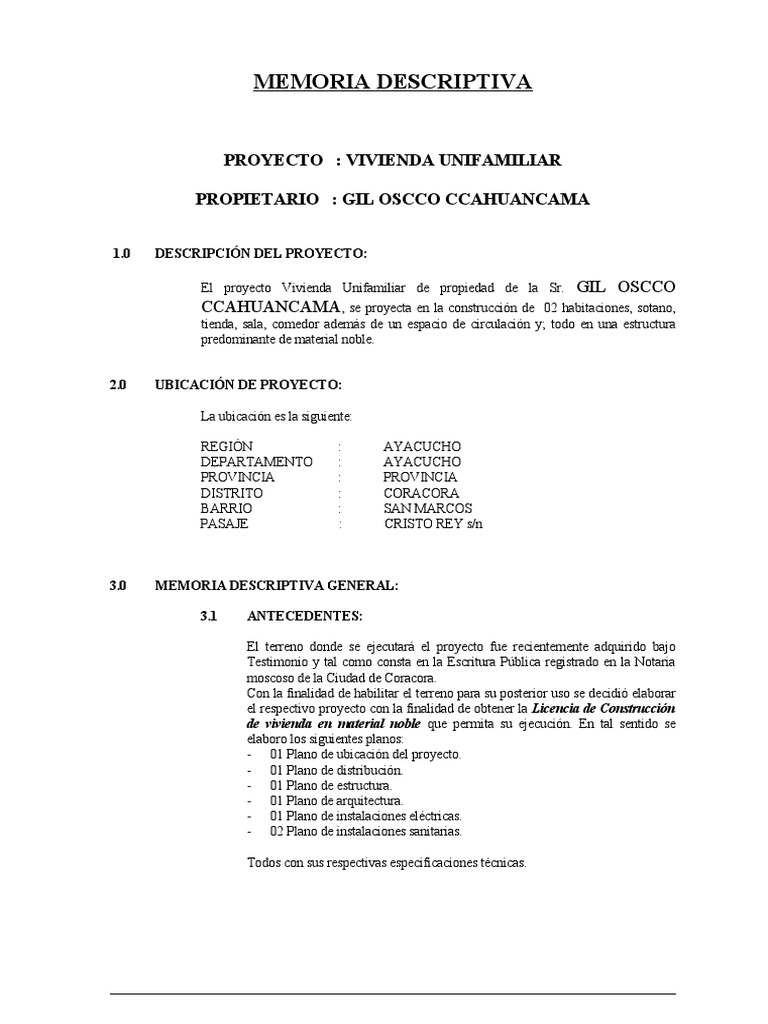 Memoria Descriptiva Vivienda Unifamiliar | PDF | Ingeniería de ...