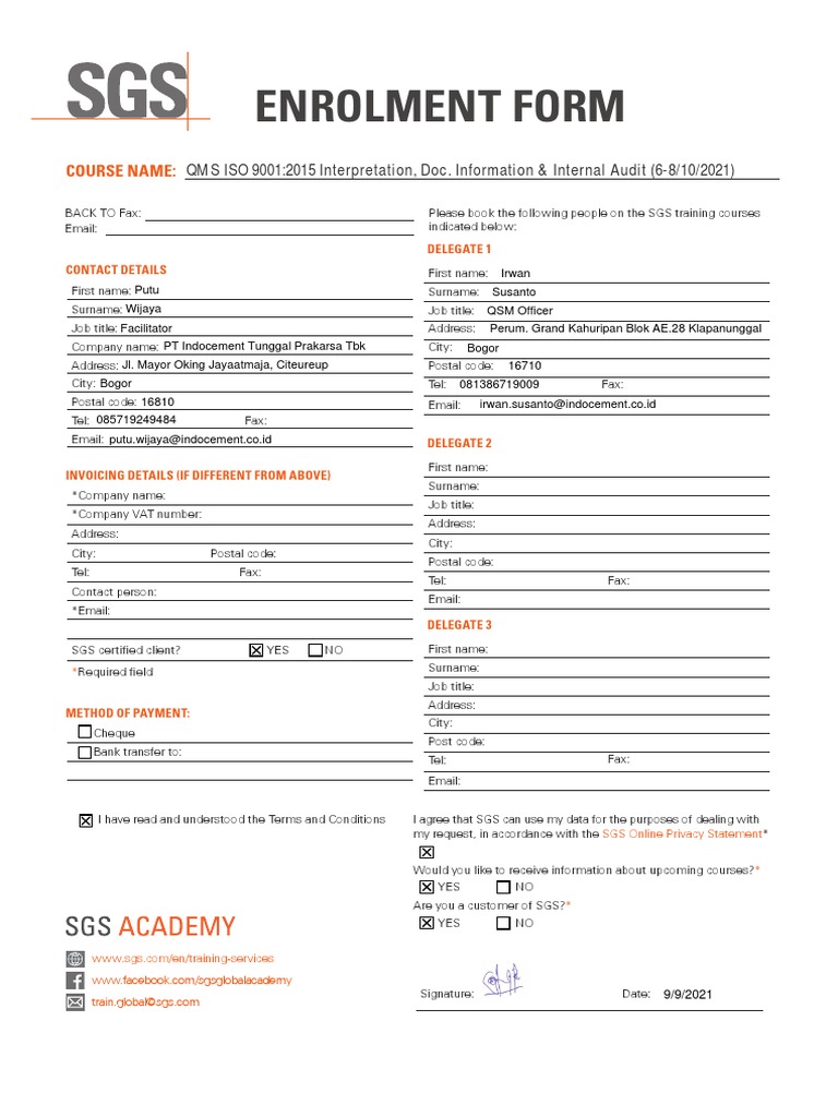 SGS ISO 9001 Training Enrollment Form | PDF | Information Technology ...