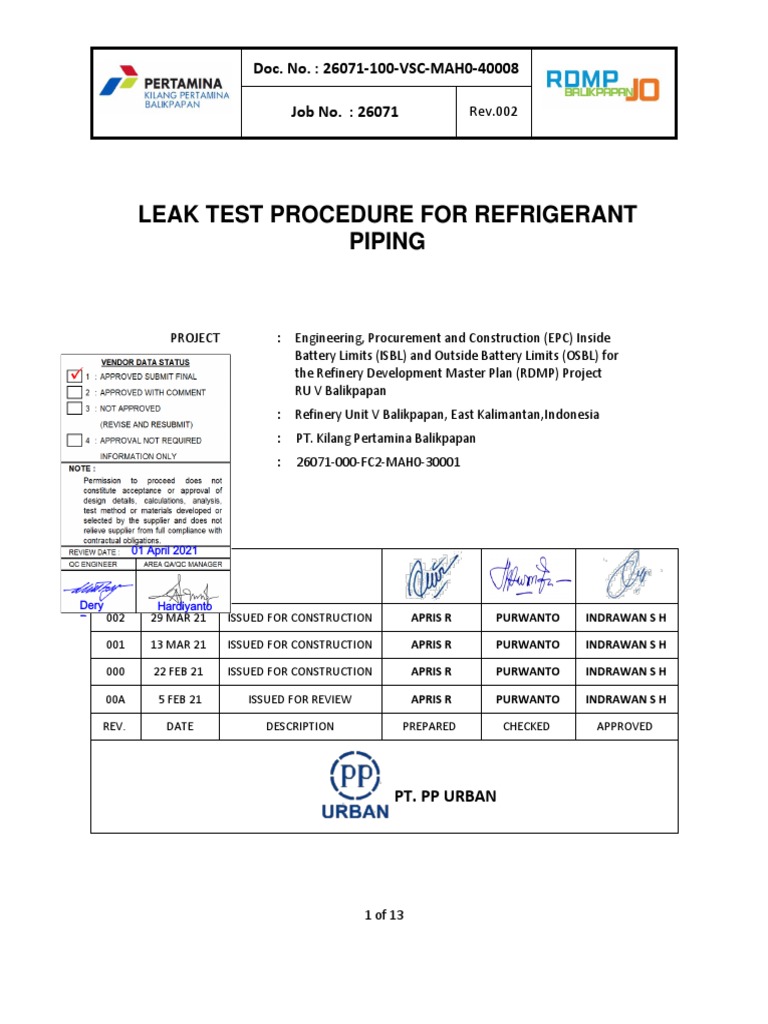 Leak Test Procedure PDF Valve Pipe (Fluid Conveyance)