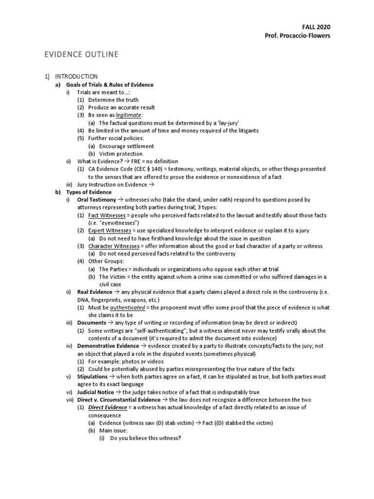Evidence Outline Procaccio Flowers | PDF | Relevance (Law) | Evidence (Law)
