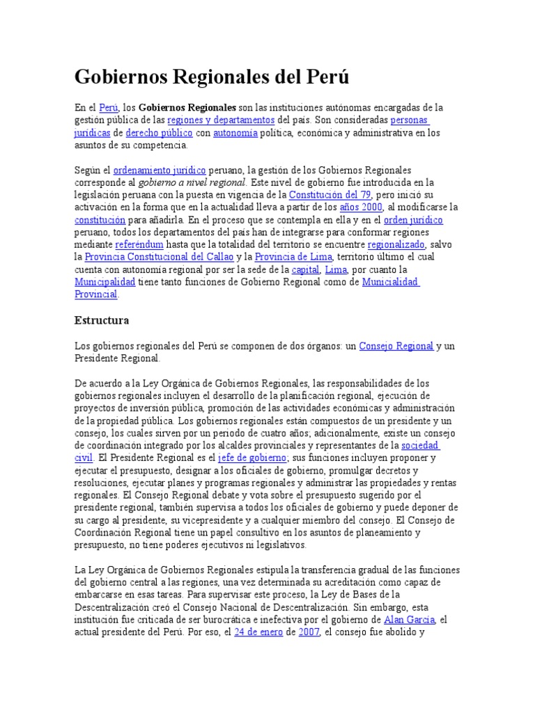 Gobiernos Regionales en Perú: Estructura y Funciones | PDF | Gobierno ...
