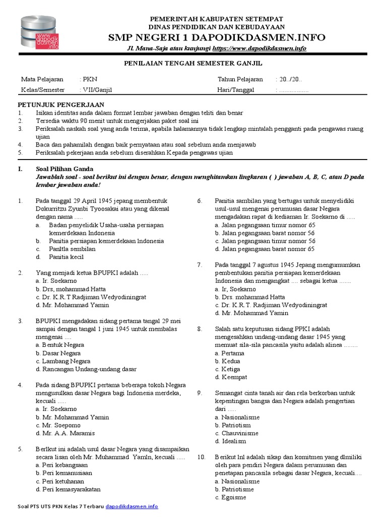 Soal pts uts pkn kelas 7 smstr 1 dapodikdasmen info pdf