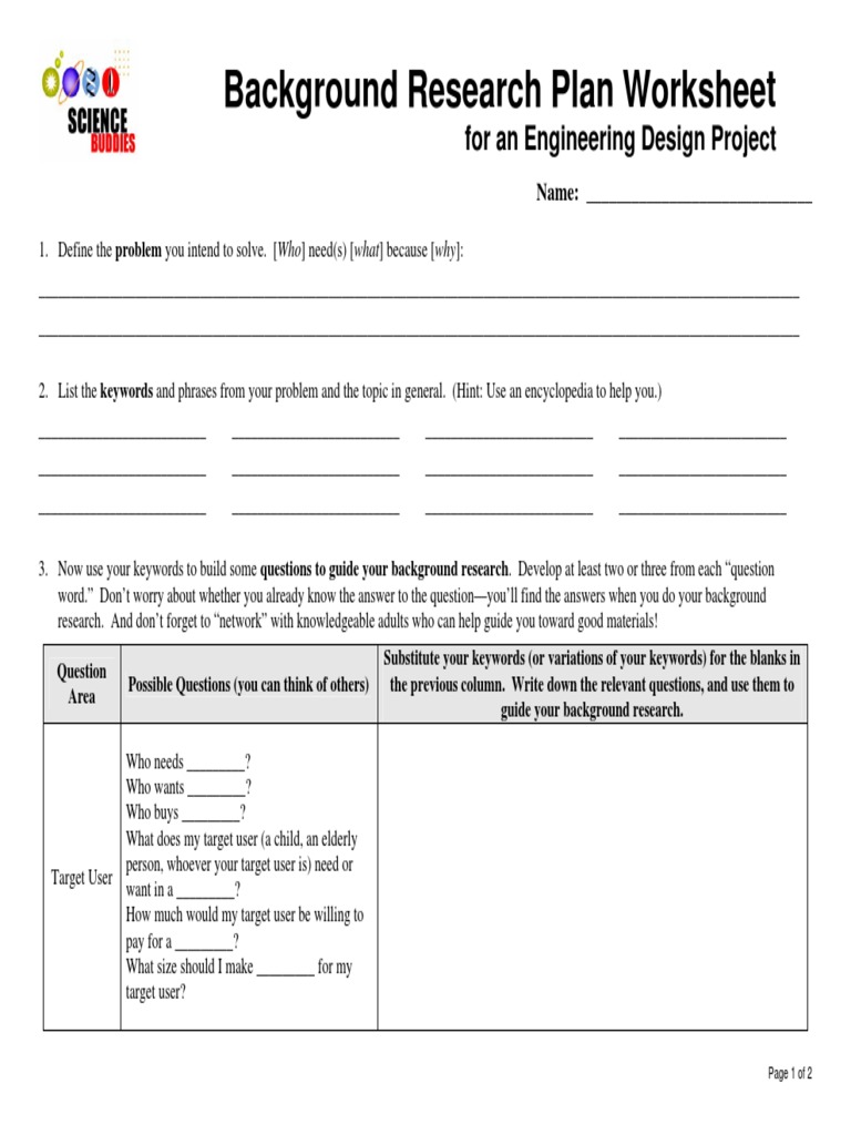 Background Research Plan Worksheet For An Engineering Design Project