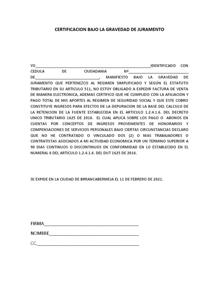 Certificacion Bajo La Gravedad de Juramento PDF