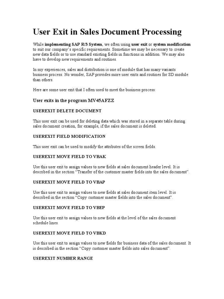SAP Sales Order User Exits Overview | PDF | Software Engineering ...