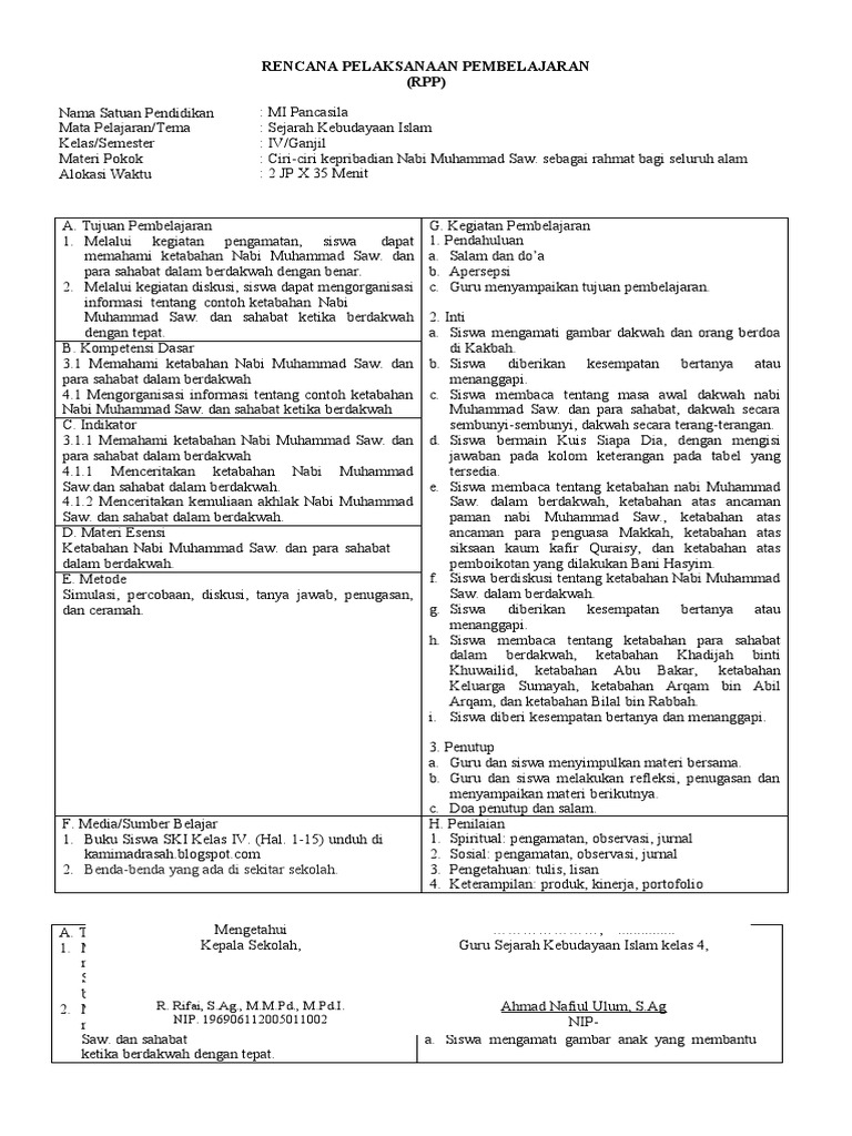 RPP SKI Kelas 4: Ciri Kepribadian Nabi | PDF