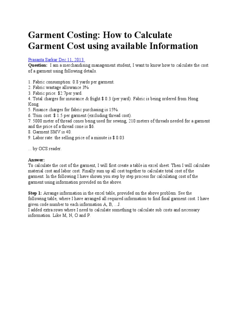 Garment Costing How To Calculate Garment Cost Using Available