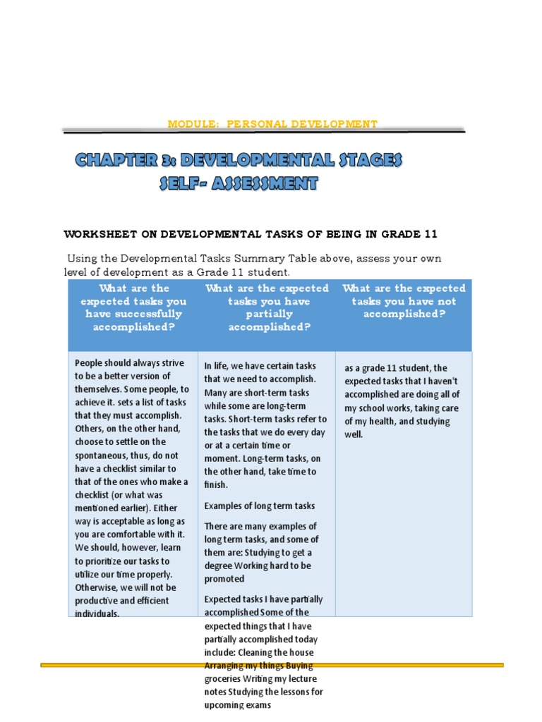 Grade 11 Developmental Task Assessment | PDF | Self-Improvement | Wellness