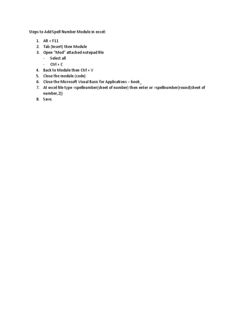 Steps To Add Spell Number Module in Excel | PDF