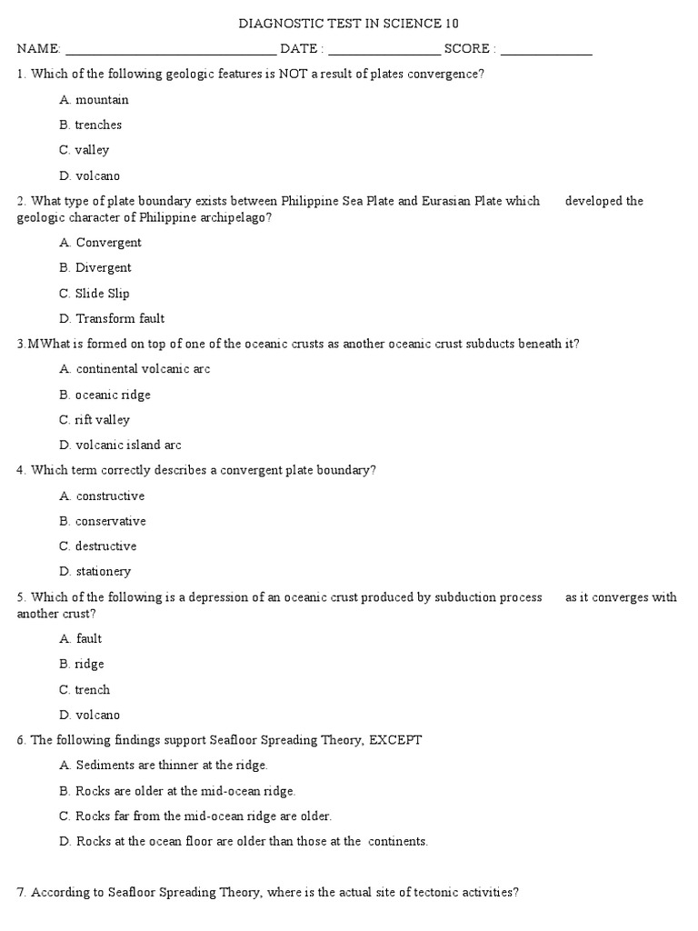 Grade 10 Science Diagnostic Test | PDF | Plate Tectonics | Seabed