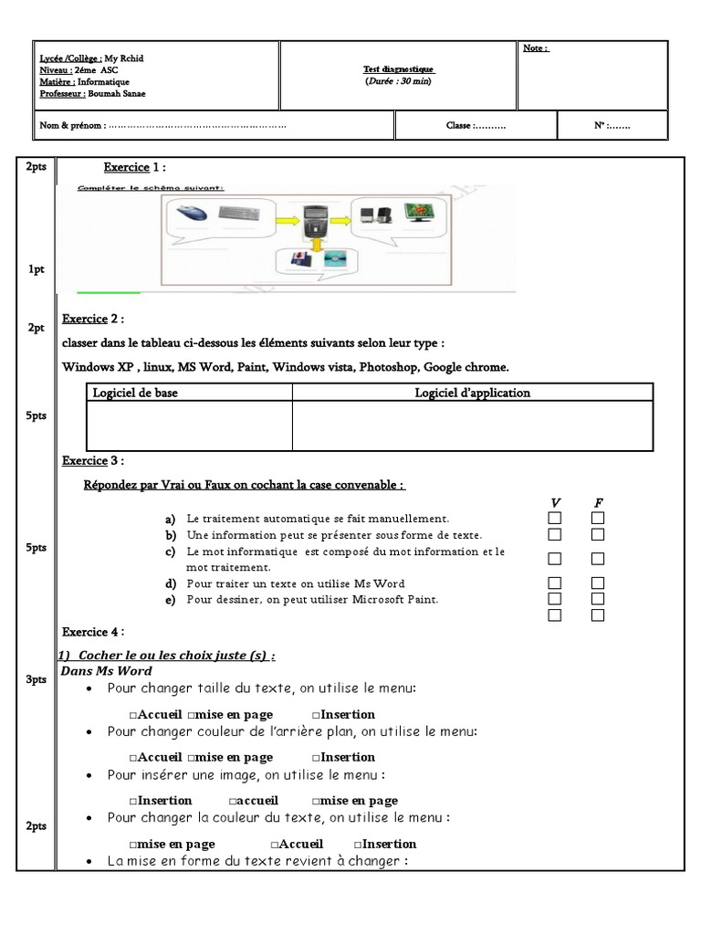 Test Diag Informatique 2asc | PDF | Microsoft Word | Mise en page