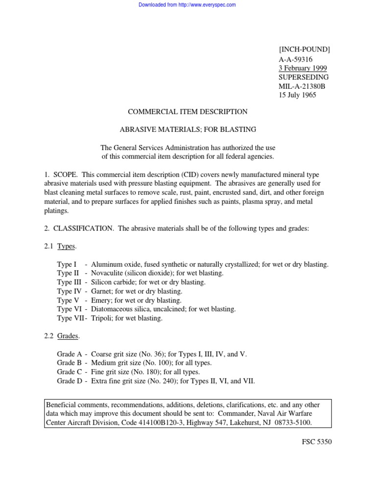 Commercial Item Description for Abrasive Materials Used for Blasting