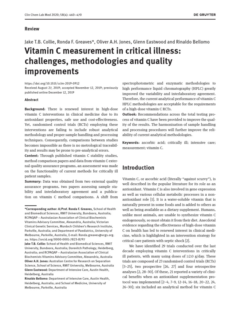 Vitamin C Measurement in Critical Illness Challenges, Methodologies