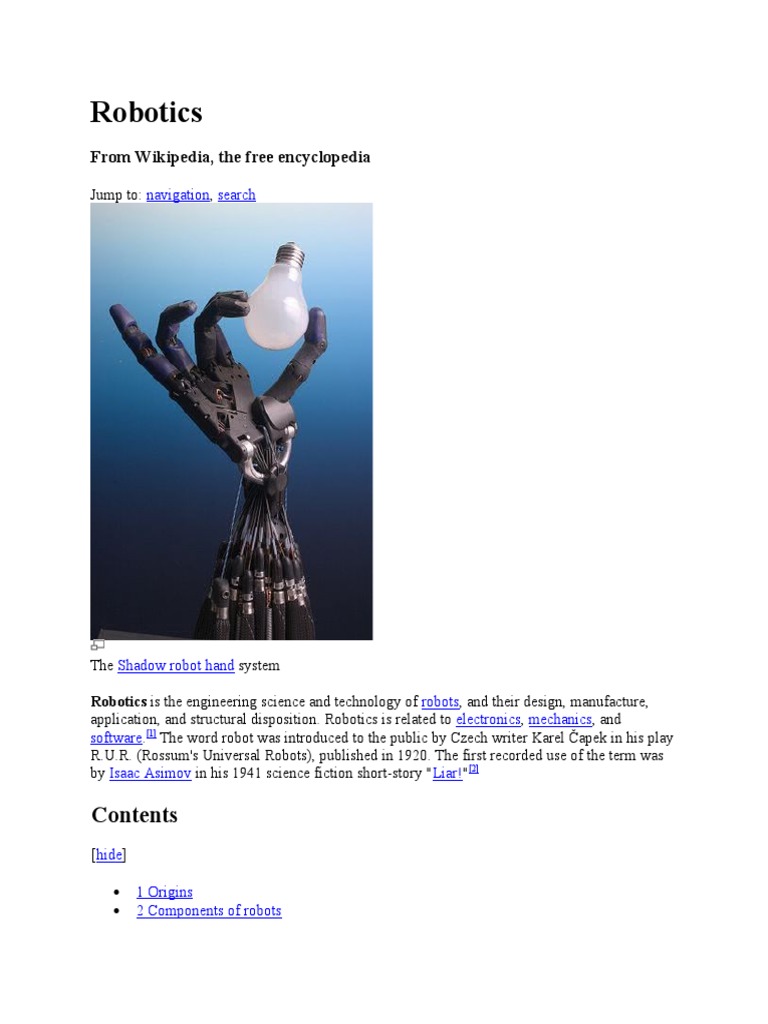 Robotics From Wikipedia, The Free Encyclopedia PDF Robotics