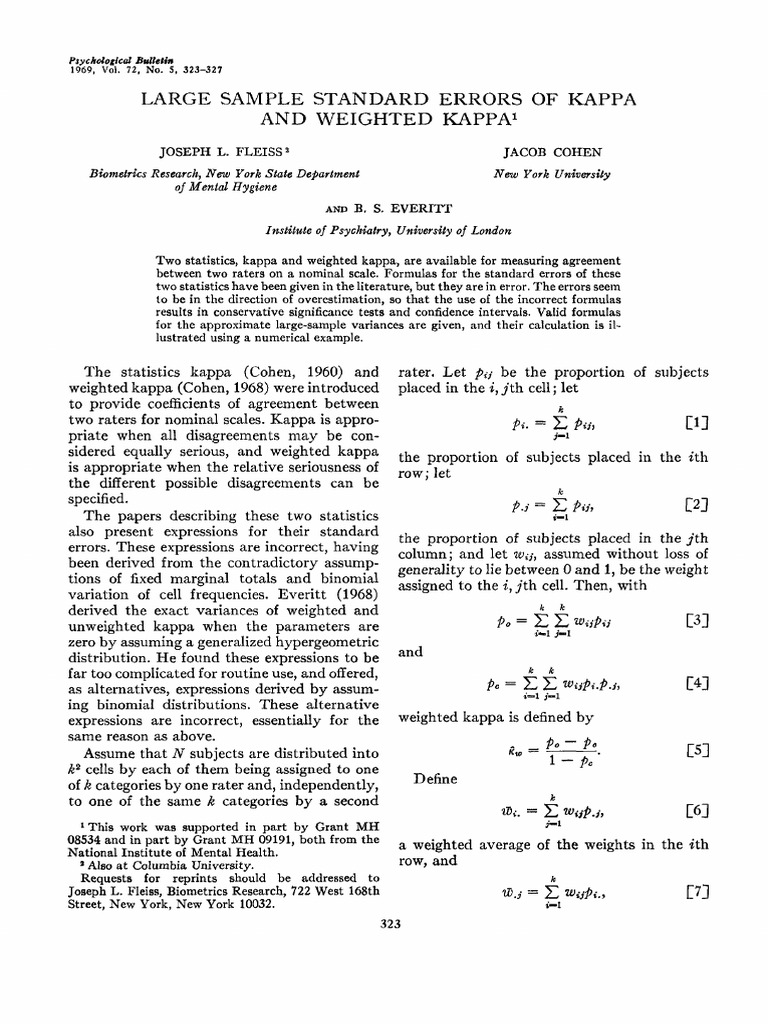 Large Sample Standard Errors of Kappa and Weighted Kappa PDF