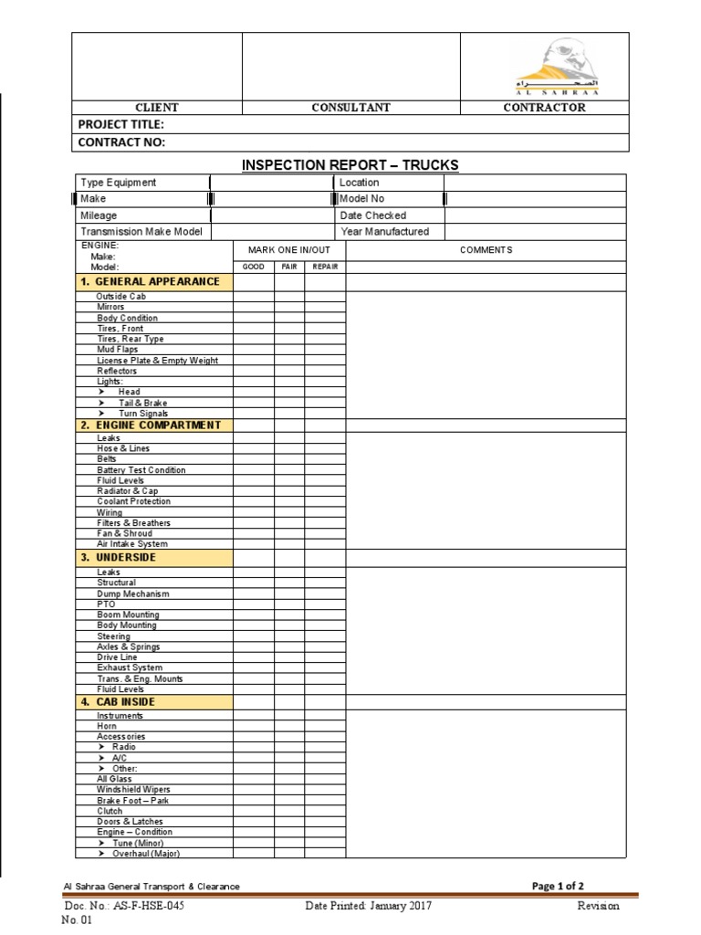 Truck Inspection Report Template | PDF | Truck | Land Vehicles