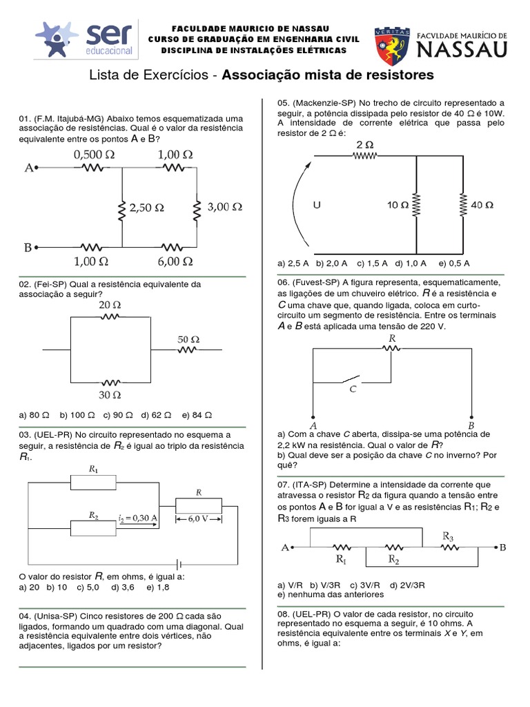 LISTA DE EXERCÍCIOS - Resistores | PDF | Resistência elétrica e ...