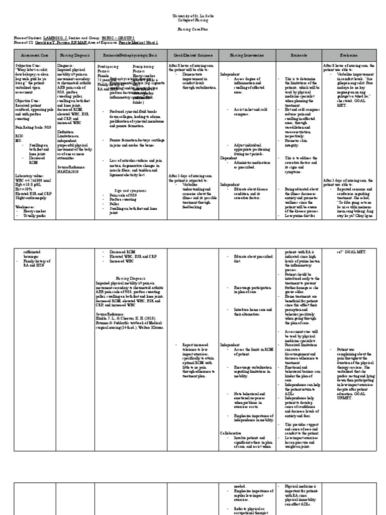 Nursing Care Plan for Rheumatoid Arthritis | PDF | Pain | Arthritis