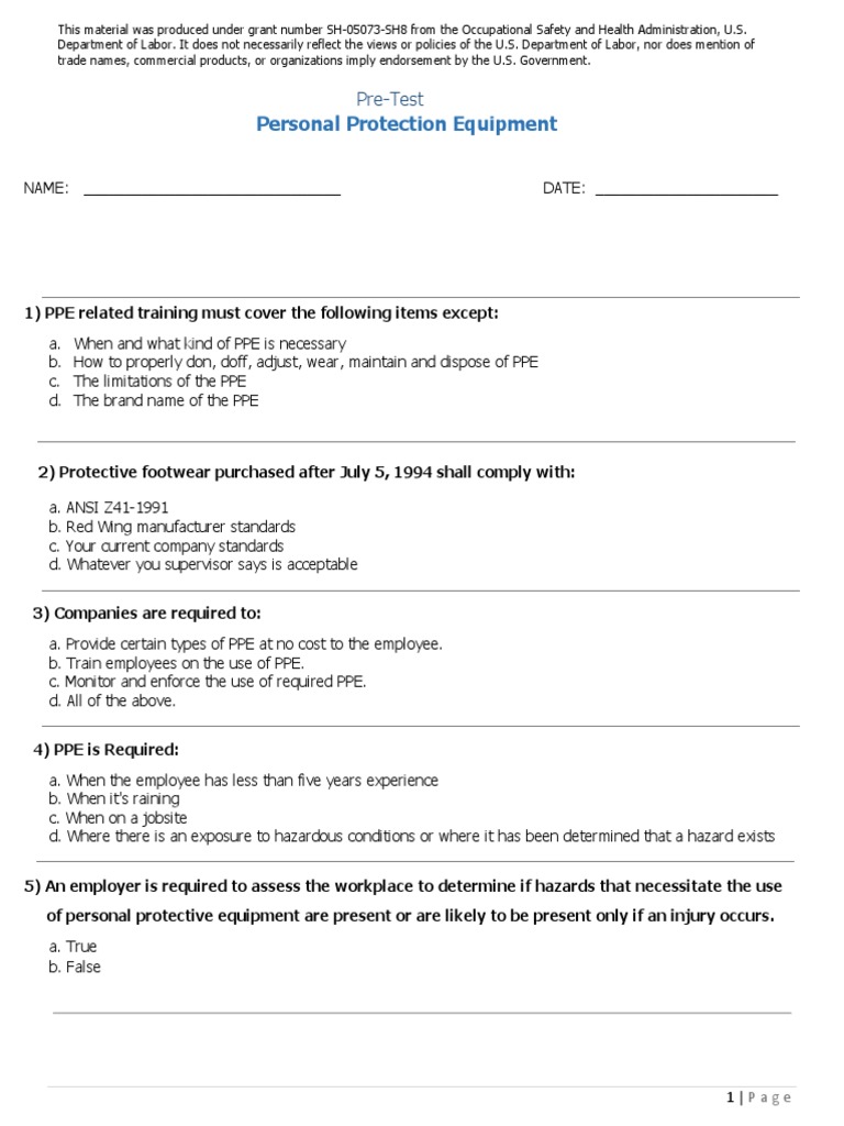 Personal Protection Equipment Pre Test & Answer Key PDF Personal