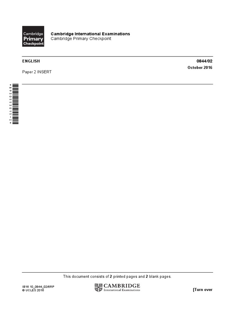 Primary Checkpoint English 0844 October 2016 Paper 2 Insert | PDF