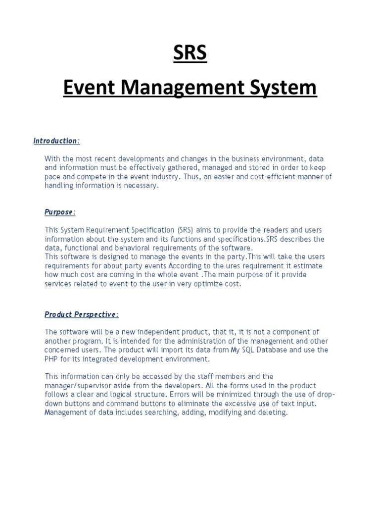 Event Management System SRS Overview | PDF | Databases | Graphical User ...